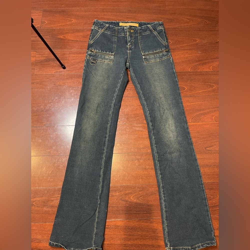 Y2K super low rise stretch material Express Dark acid wash Blue Flare Jeans